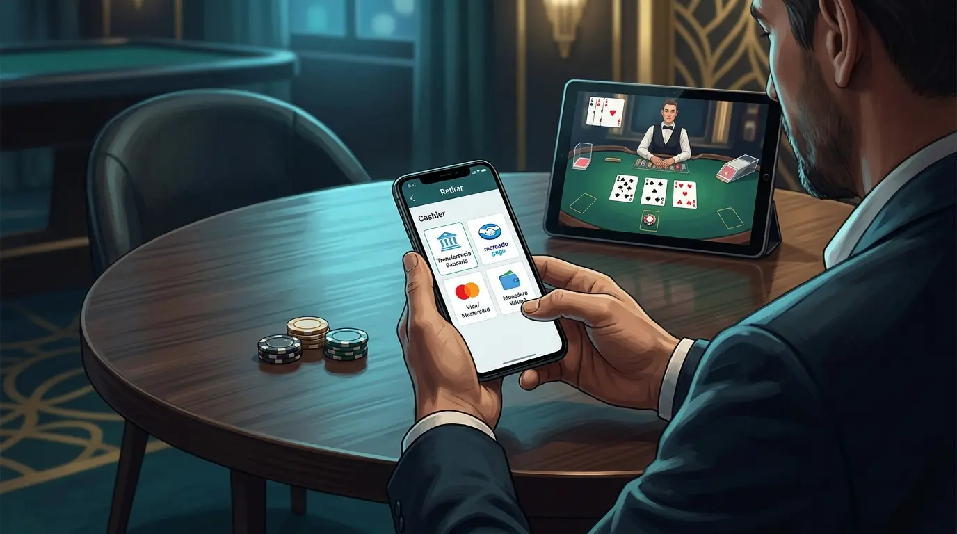 Una persona revisa opciones de retiro en el celular junto a unas fichas y un juego de cartas.