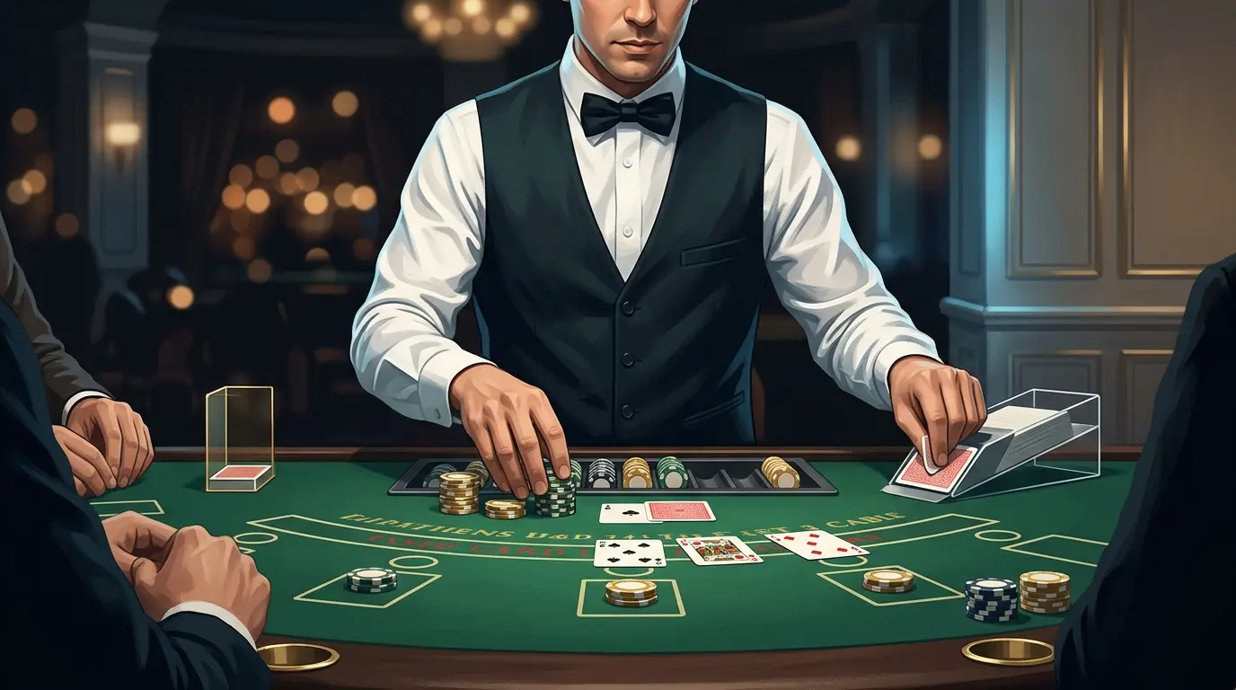 Un crupier reparte una carta y ordena fichas ante los jugadores en una mesa de casino.