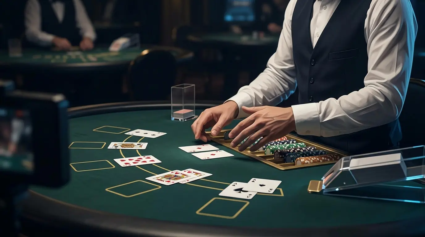 Una cámara enfoca las manos de quien reparte cartas junto a una bandeja de fichas.