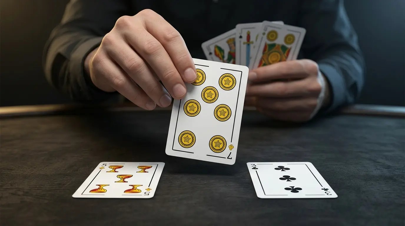 Una mano baja una carta española junto a otras cartas descubiertas sobre la mesa.