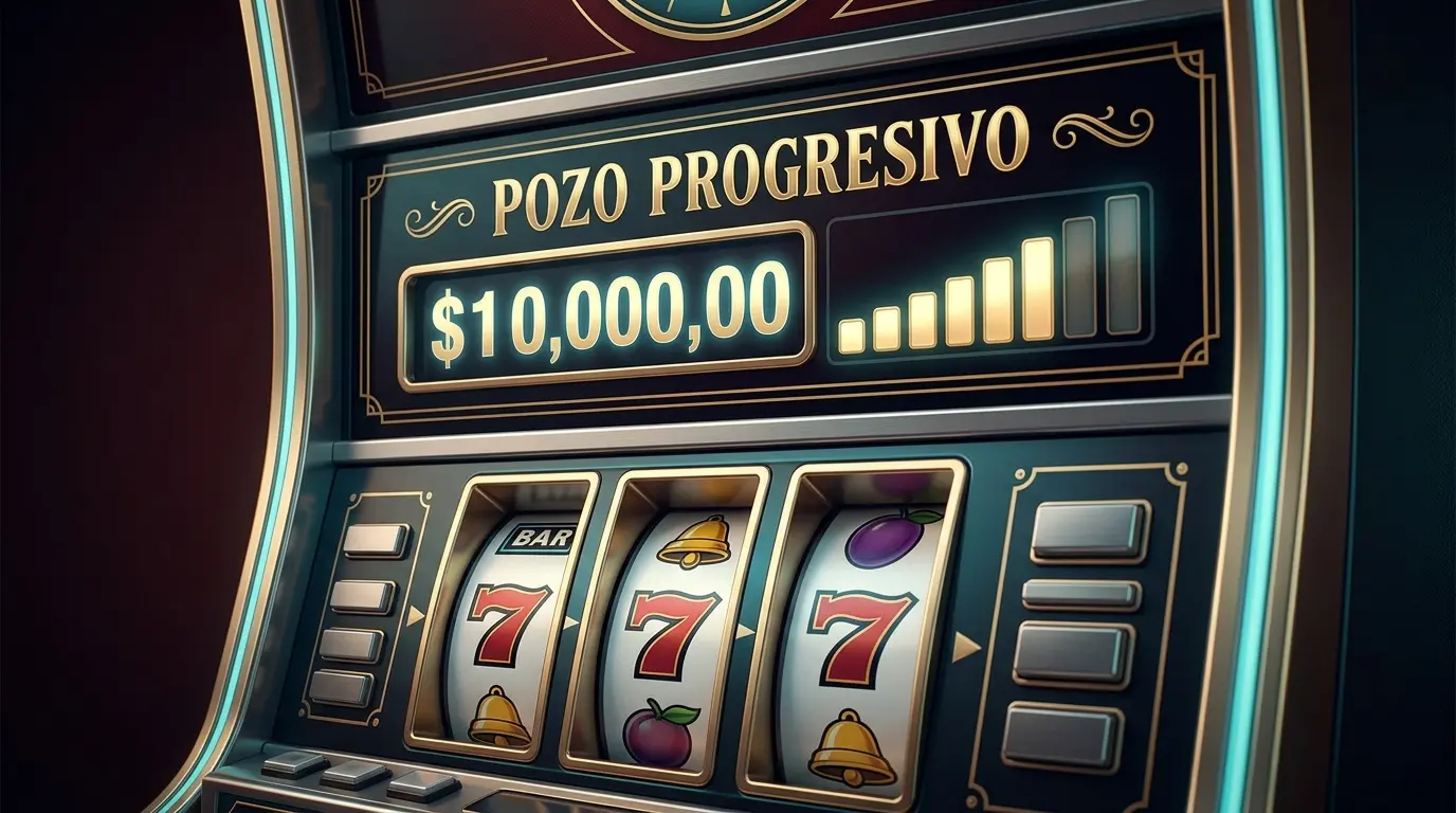 Pantalla de una tragamonedas con los rodillos detenidos y el pozo progresivo iluminado.