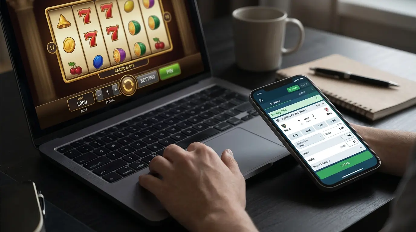 Una computadora muestra un juego de casino y, a su lado, un celular tiene abierta una apuesta deportiva.