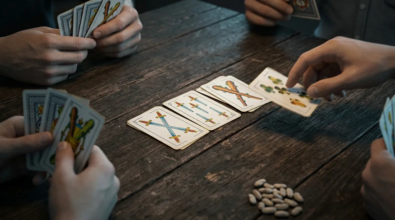 Cartas de baraja española sobre una mesa oscura, con manos de jugadores alrededor.