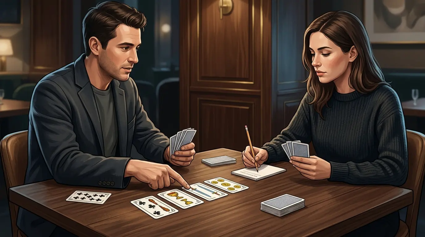 Dos personas revisan las cartas sobre la mesa antes de anotar en una hoja.