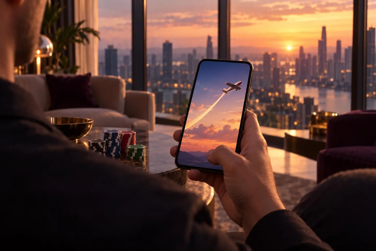 Una persona adulta mira un avión en movimiento en la pantalla de su celular, junto a una ventana panorámica.