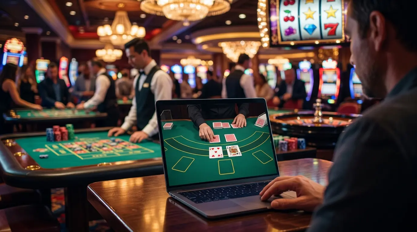 Una persona mira en una computadora una mesa de baccarat donde el crupier reparte cartas.