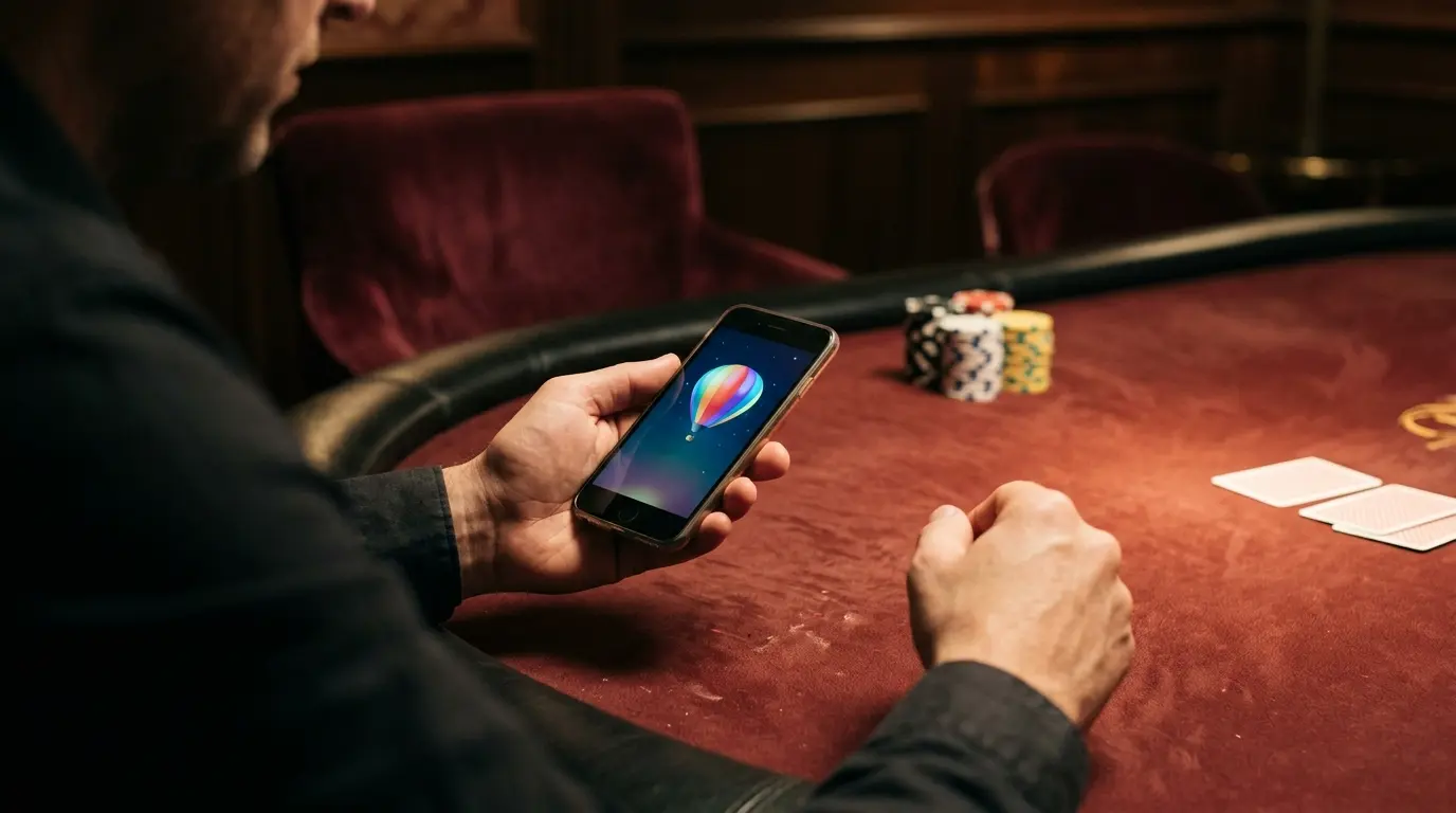 Una persona sostiene un celular con un globo que se infla en la pantalla del juego.