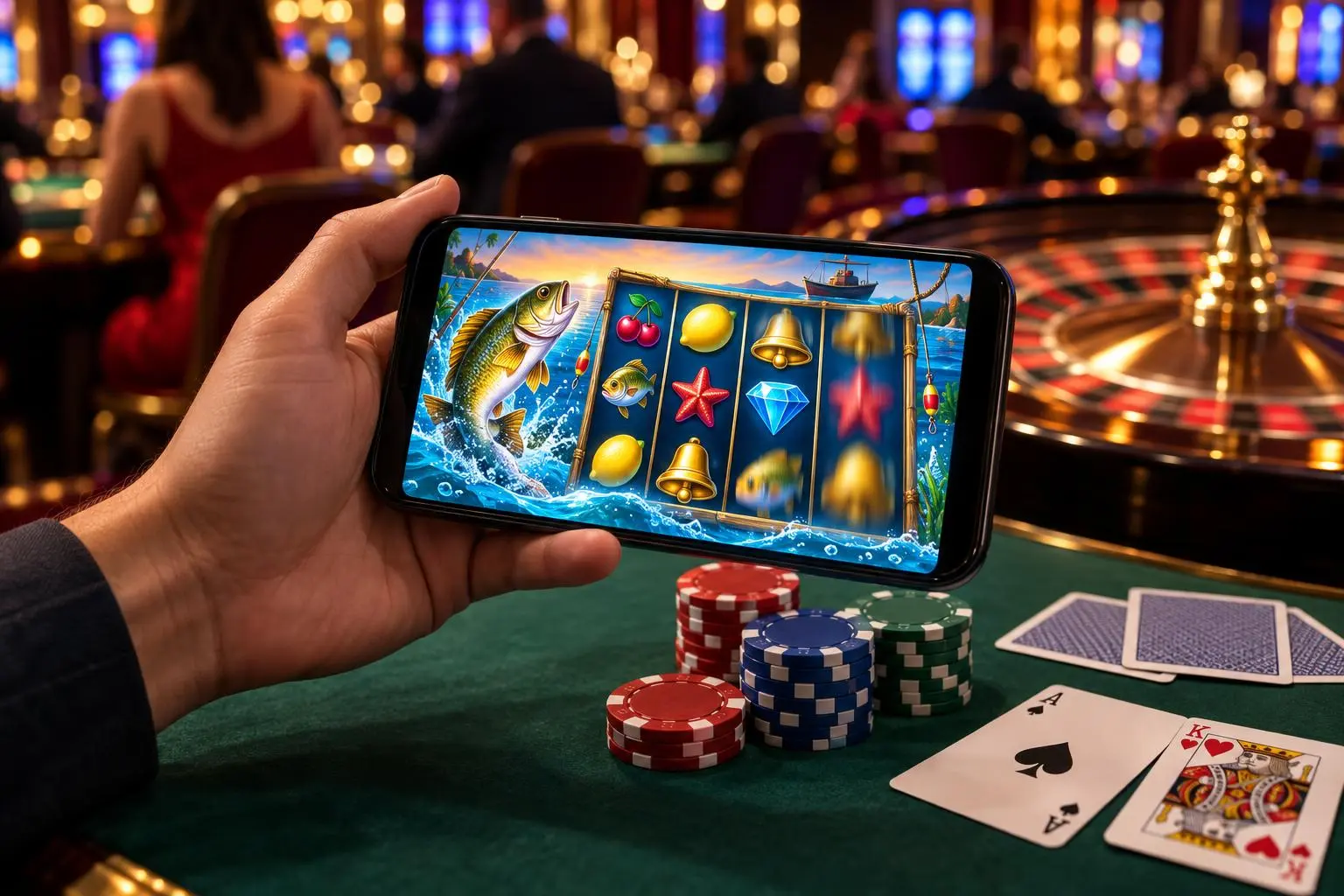 Una mano sostiene un celular con los rodillos de una tragamonedas de pesca en movimiento.
