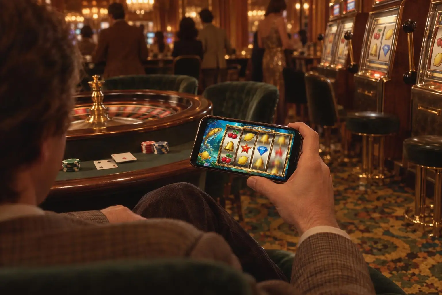 Una mano sostiene un celular con una tragamonedas de pesca en pantalla, junto a máquinas clásicas.