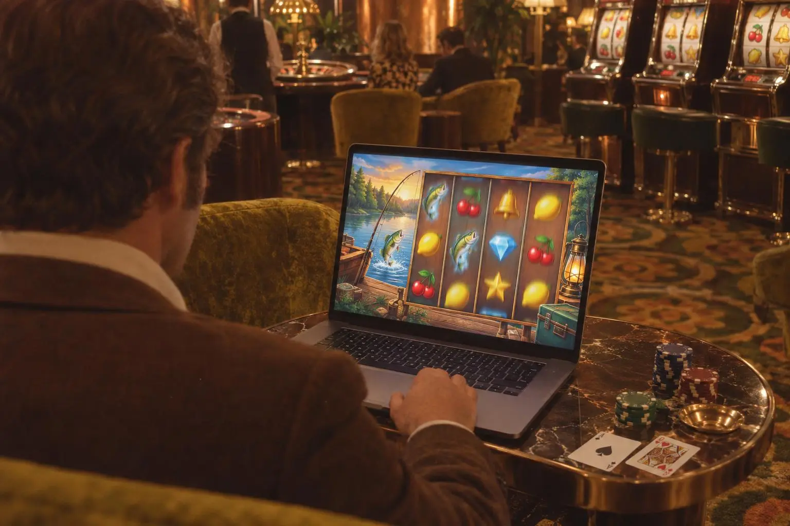 Una persona usa una laptop con una tragamonedas de pesca en pantalla, en un salón retro.