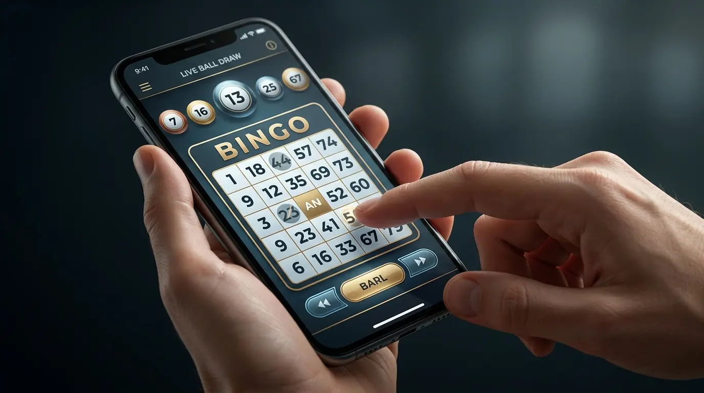 Una mano sostiene un celular con un cartón de bingo y bolillas sorteadas en pantalla.