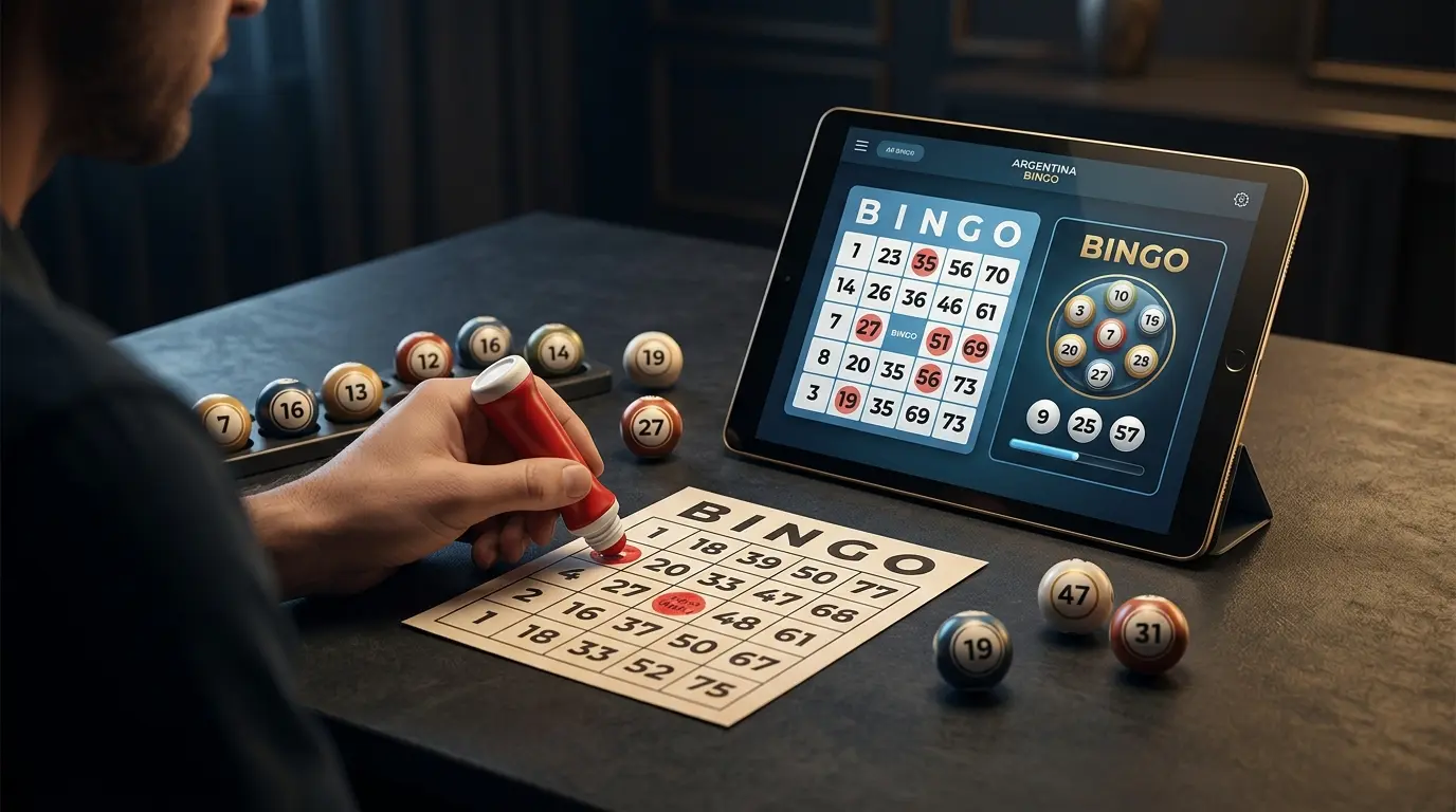 Una persona marca un cartón sobre la mesa; al lado, una tableta muestra un bingo en curso.