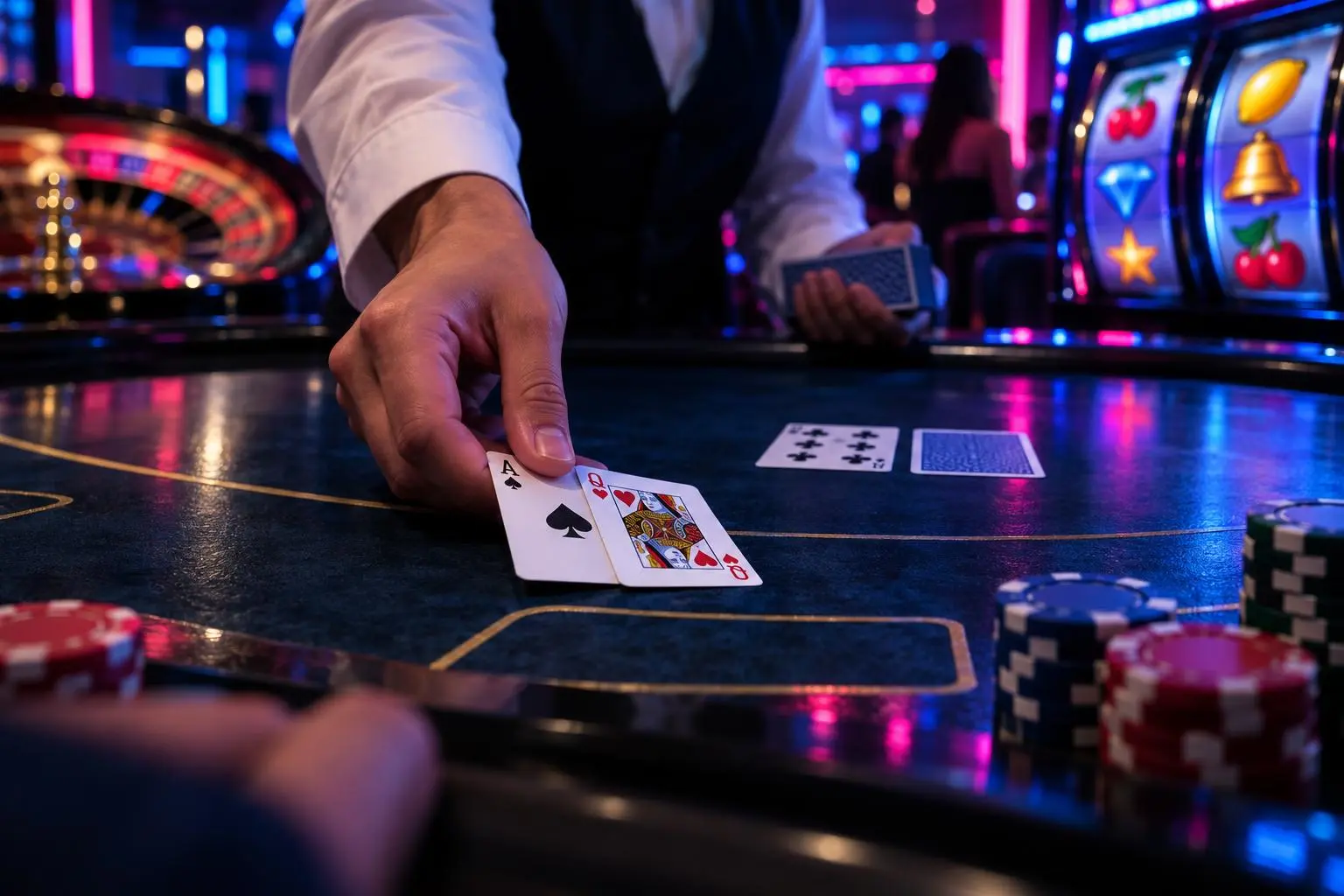 La mano del crupier reparte dos cartas frente a sus propias cartas.