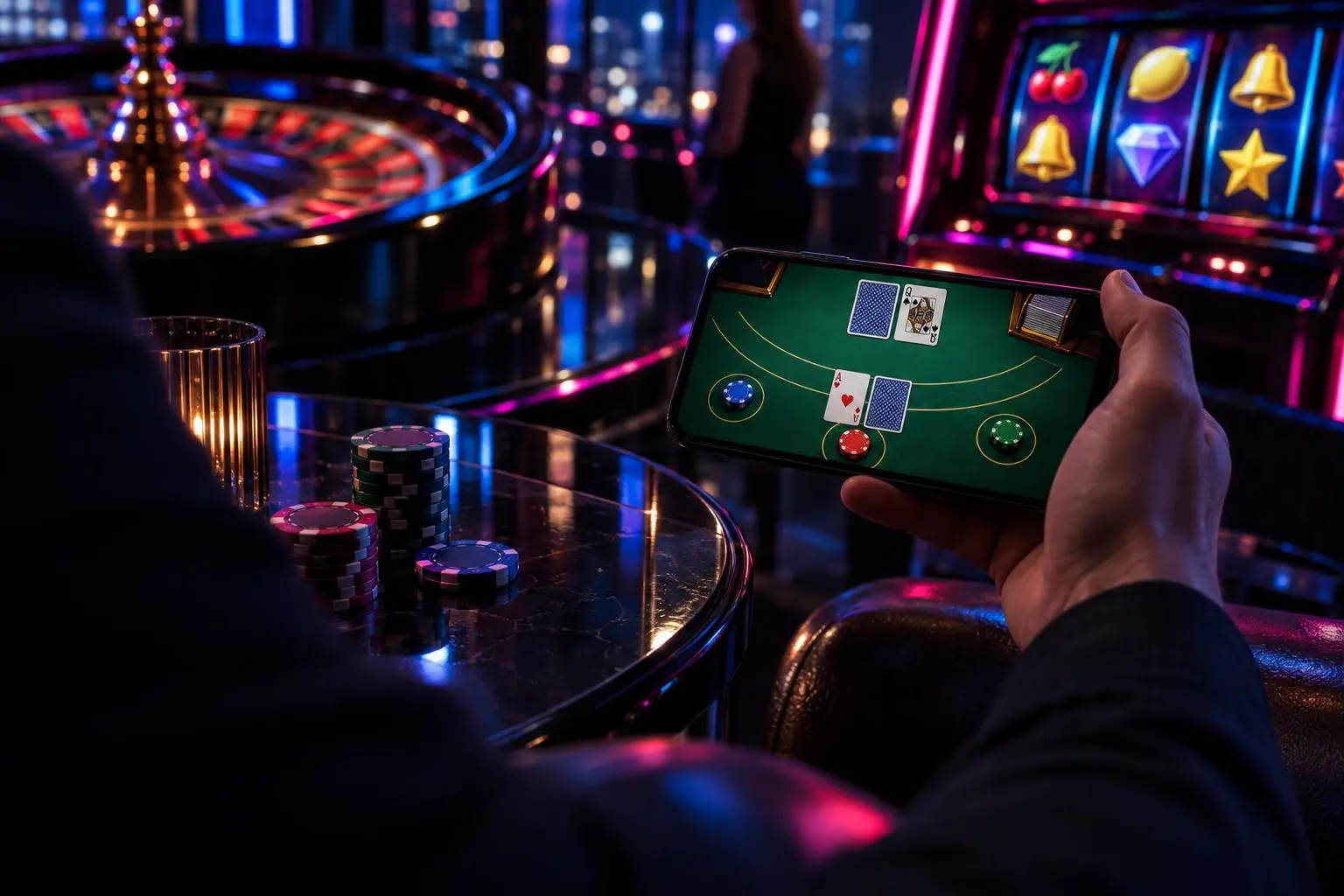Una persona sostiene el celular mientras juega al blackjack en la pantalla.