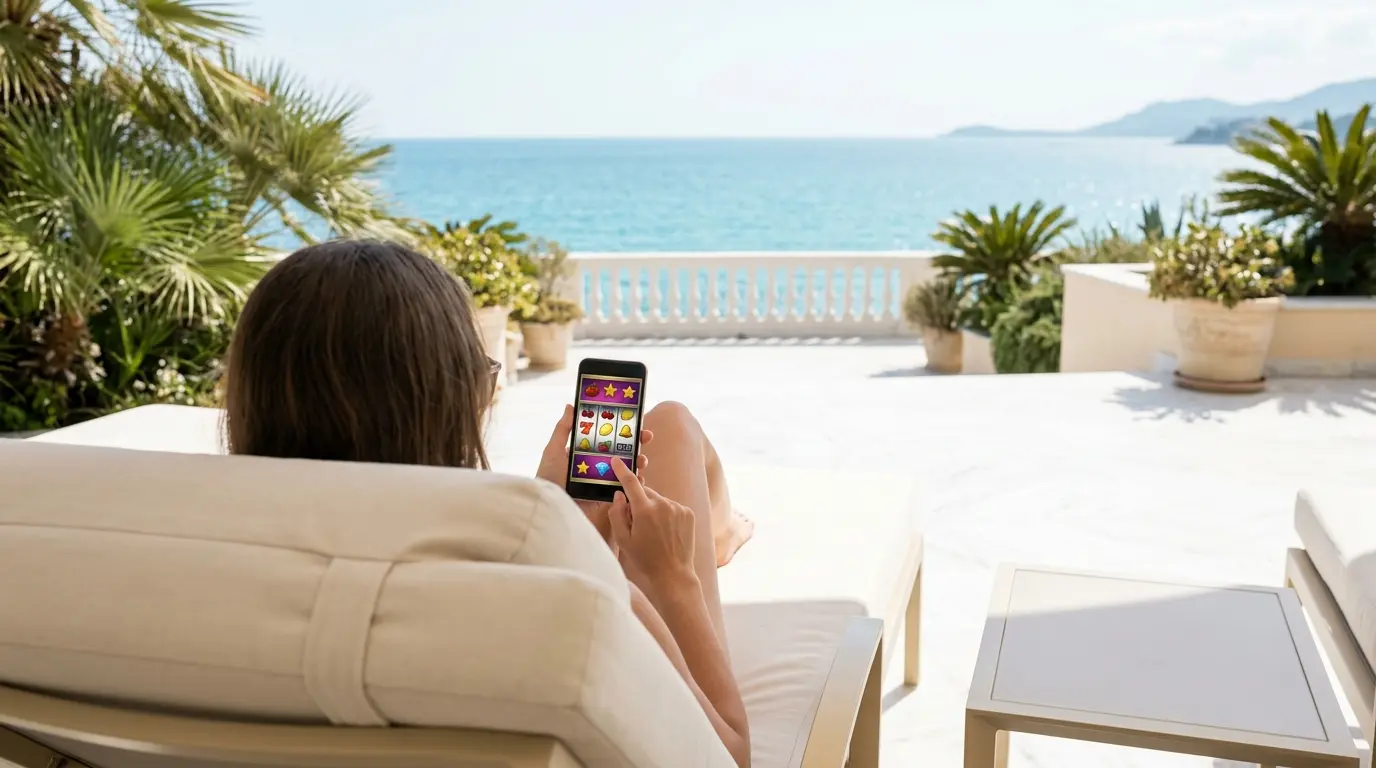 Una persona juega una tragamonedas en el celular desde un reposera junto al mar.
