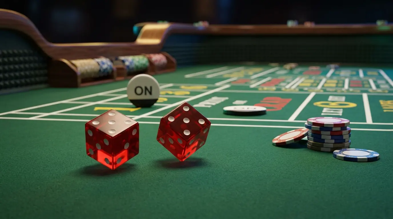 Dos dados sobre el paño de una mesa de craps, junto a fichas y un marcador de punto.