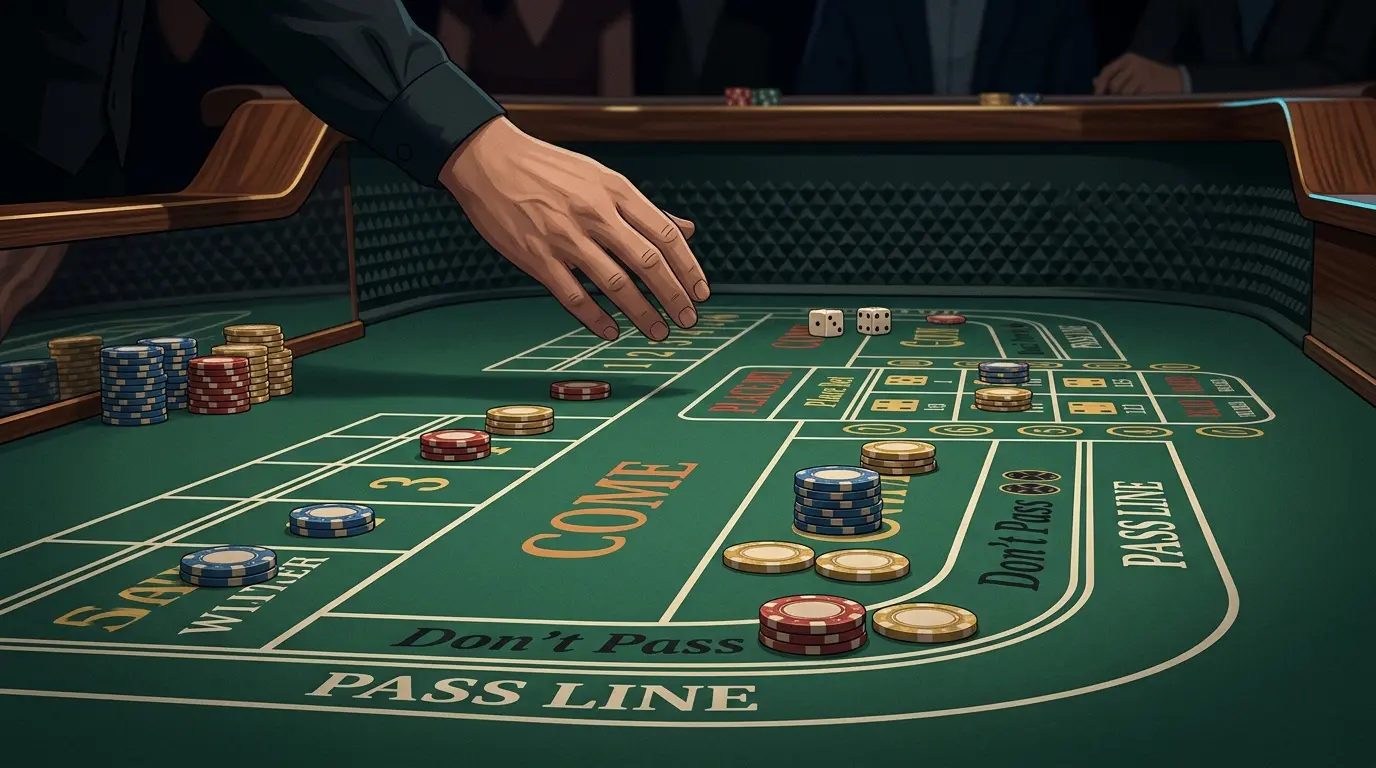 Fichas distribuidas sobre una mesa de craps, con dos dados detenidos más lejos.
