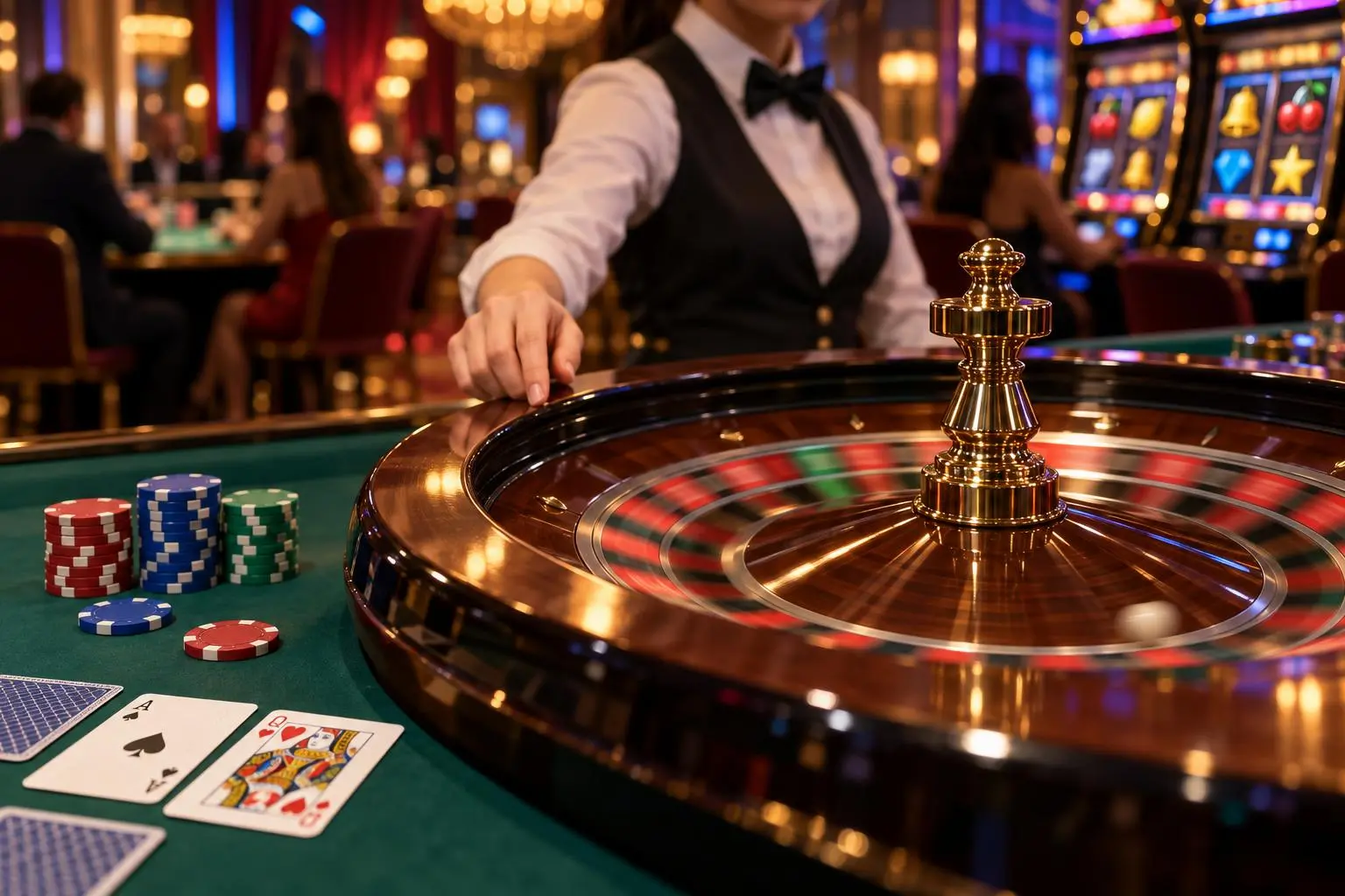 Un crupier junto a una ruleta en movimiento sobre una mesa de casino.