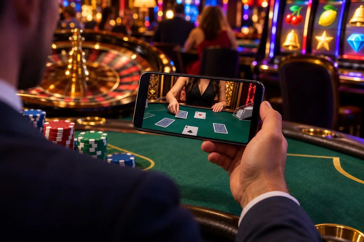 Una mano sostiene un celular con una partida de blackjack en vivo abierta.