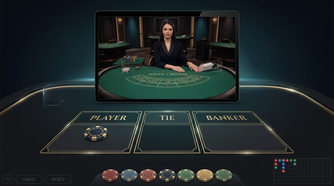 Pantalla con un crupier en vivo, una mesa de baccarat y una ficha en una zona de apuesta.