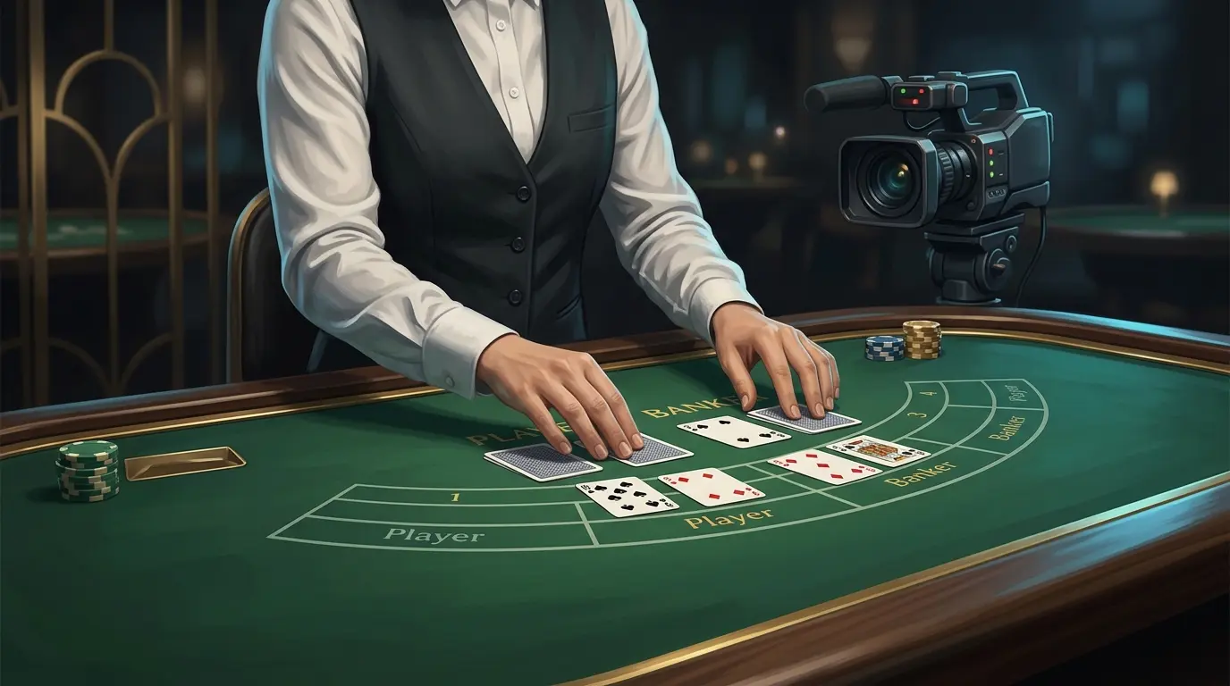 Crupier repartiendo cartas ante una cámara sobre una mesa de baccarat.