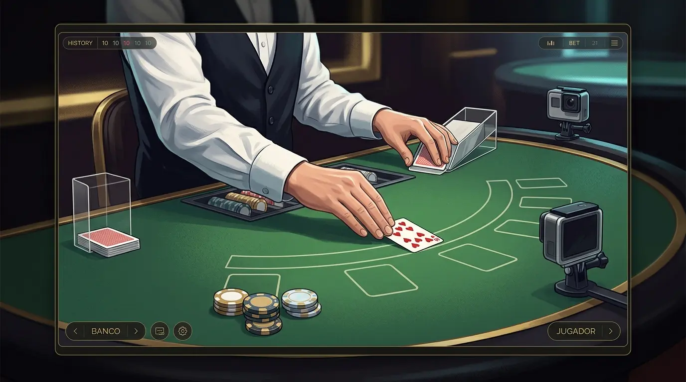 Un crupier reparte una carta en una mesa de blackjack frente a una cámara.