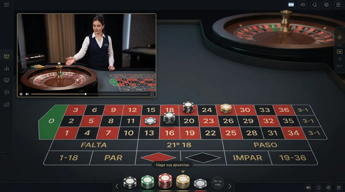 Fichas sobre el paño digital; detrás, un crupier junto a la rueda de ruleta.