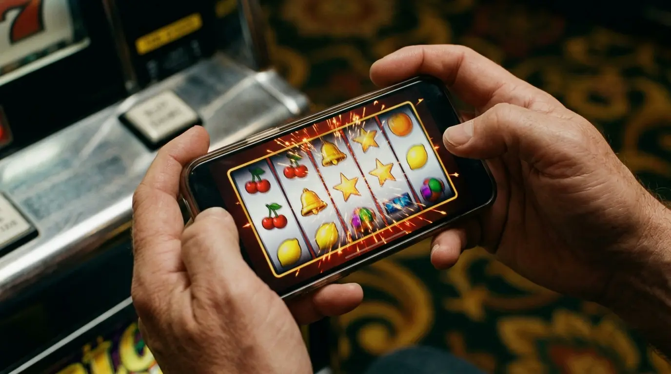 Los rodillos animados de una tragamonedas ocupan la pantalla de un celular sostenido con la mano.