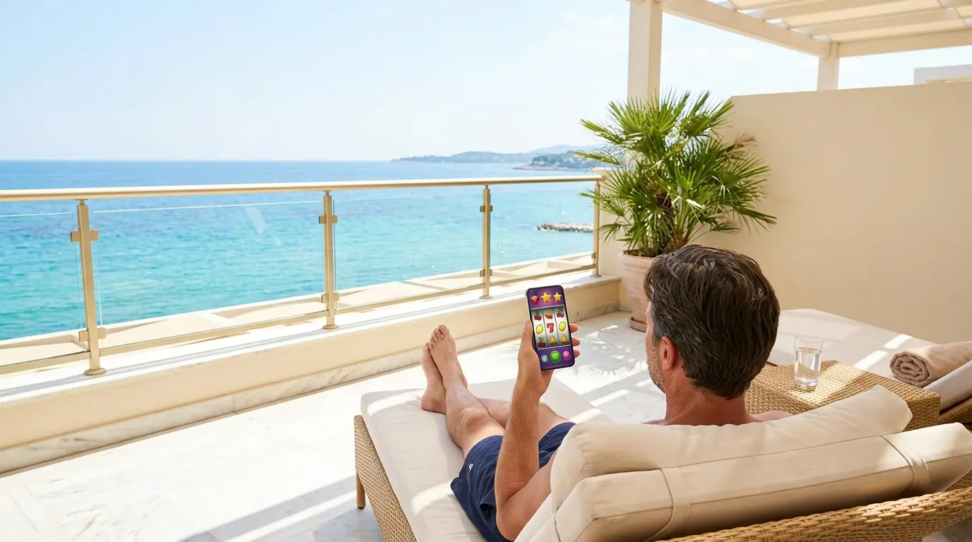 Una persona juega a una tragamonedas en el celular junto a un шезлонг, frente al mar.