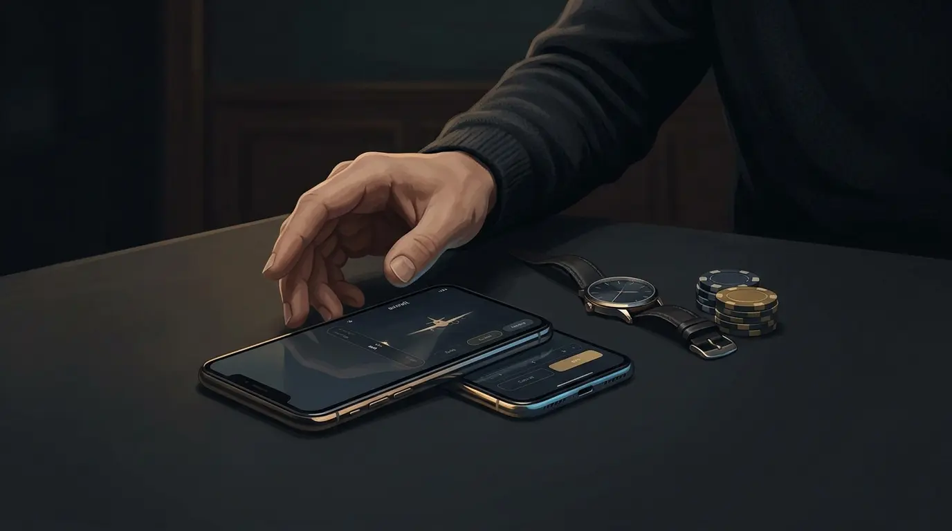Una persona adulta deja el celular sobre la mesa, junto a un reloj y unas fichas.