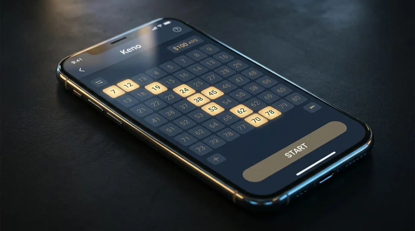 Un celular muestra un tablero de keno con varios casilleros marcados antes del sorteo.