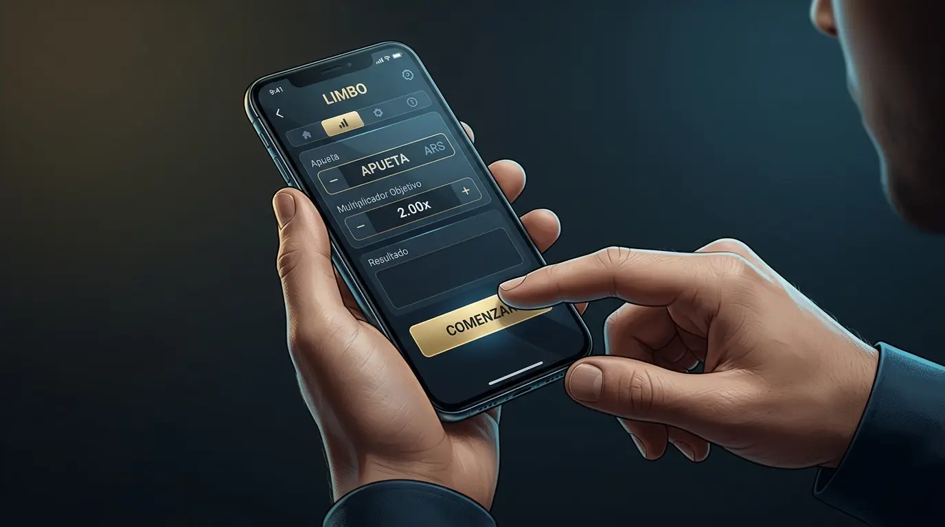 Una persona sostiene un celular con la apuesta y el objetivo elegidos antes de iniciar una ronda.