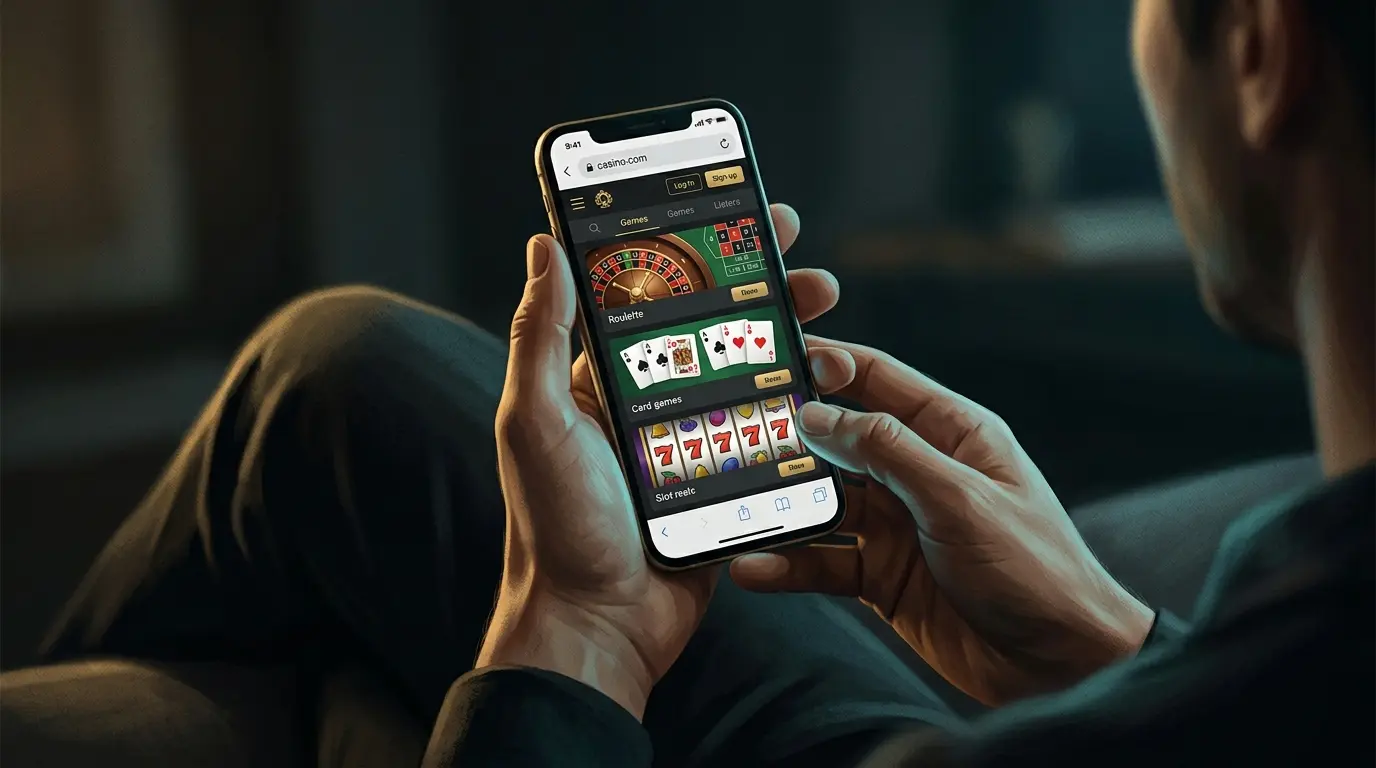 Una persona sostiene un celular con un casino abierto en el navegador y varios juegos a la vista.