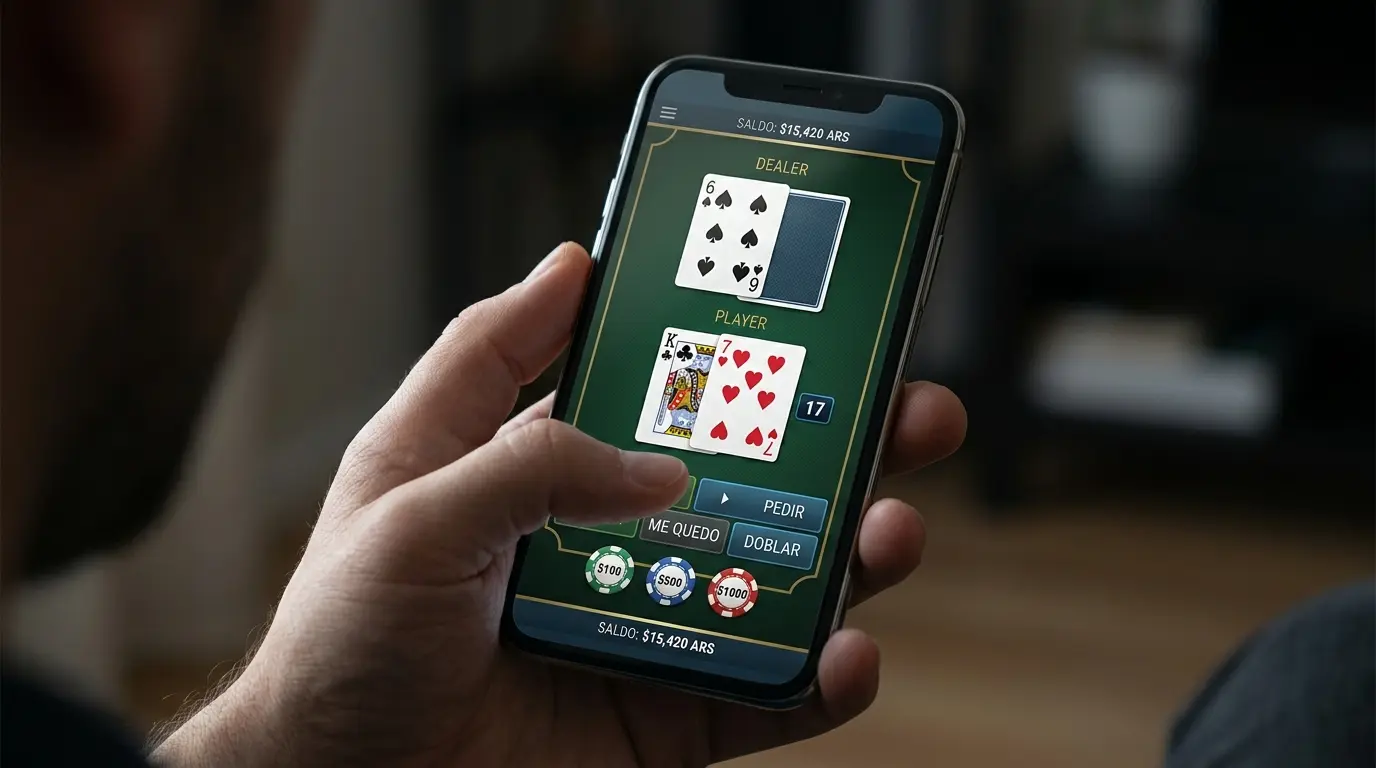 Primer plano de una partida de blackjack en el celular, con cartas y controles visibles bajo el dedo.