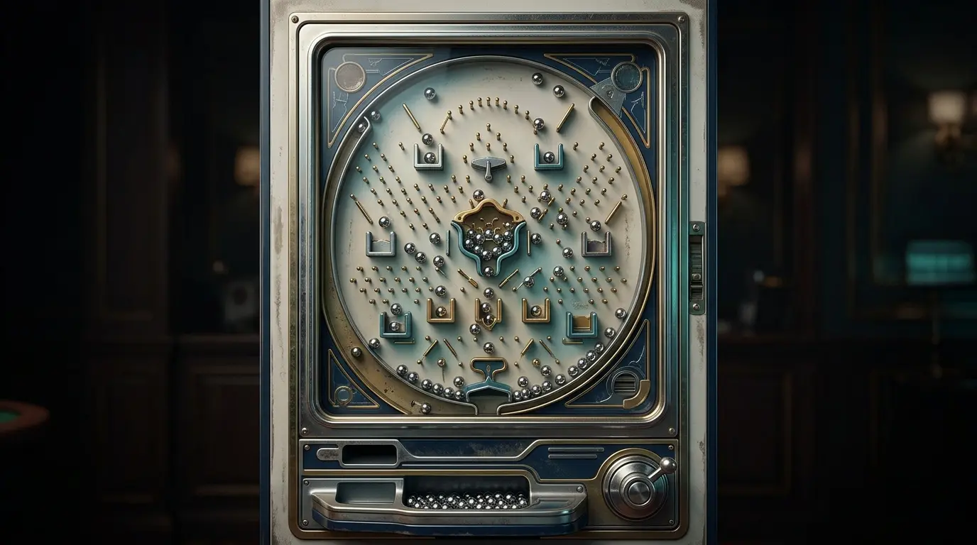 Máquina de pachinko de frente, con bolitas entre los pines, una perilla y una bandeja inferior.