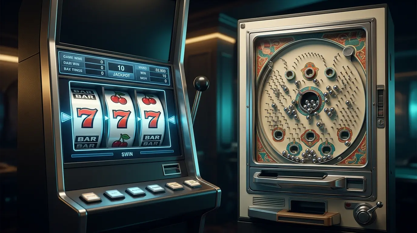 Una tragamonedas con símbolos en los rodillos junto a una máquina de pachinko con bolitas en el tablero.