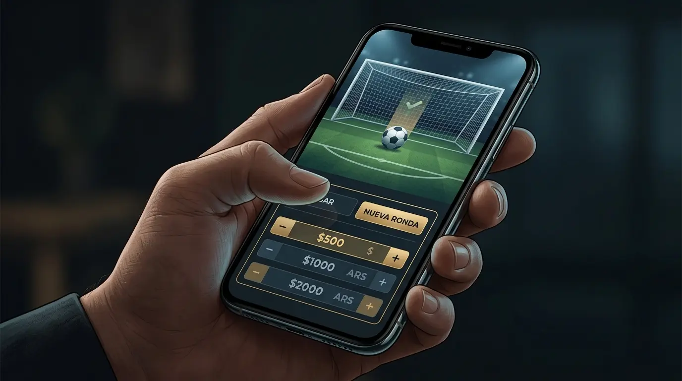 Un dedo se detiene junto a un celular que muestra un penal terminado y controles para otra ronda.