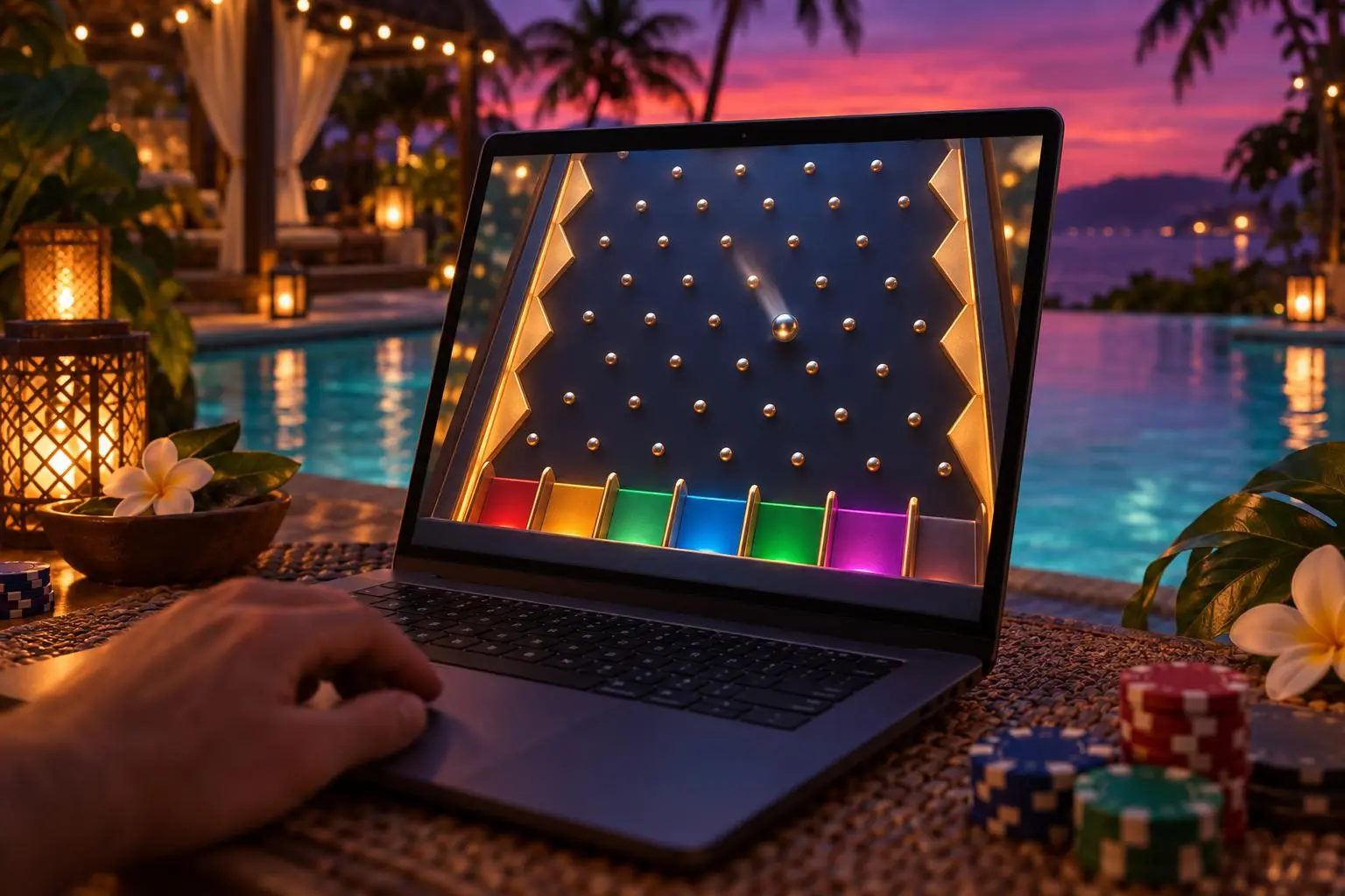 En la pantalla de una laptop, una ficha atraviesa las clavijas de Plinko.