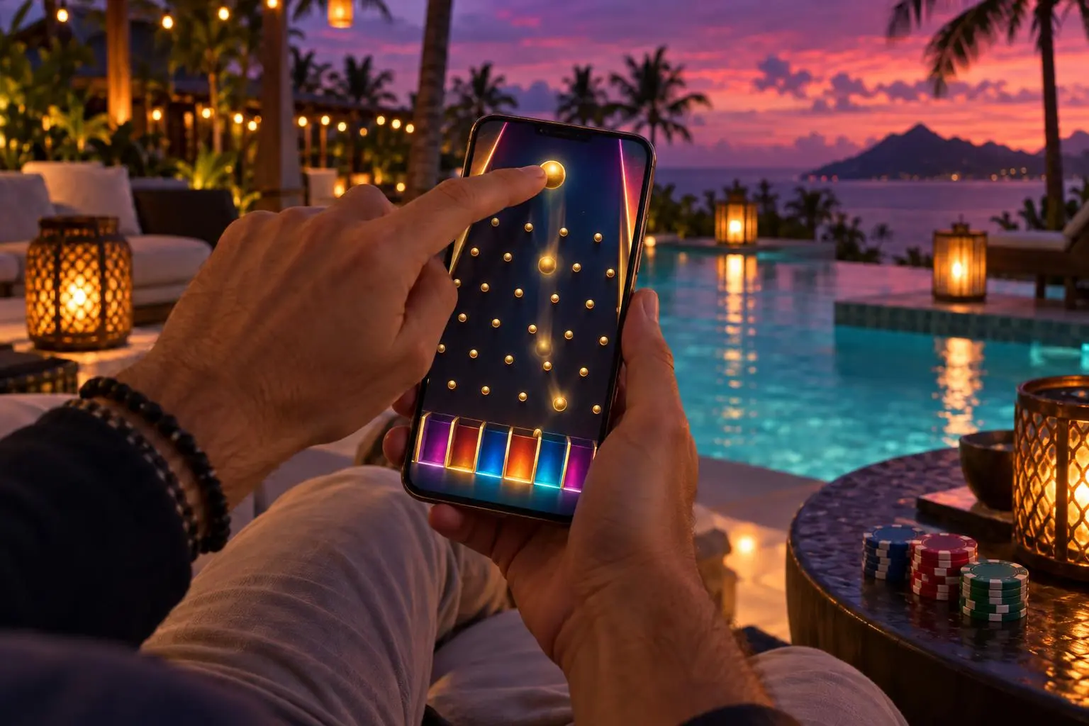 Una mano juega Plinko en el celular mientras la ficha cae entre las clavijas.