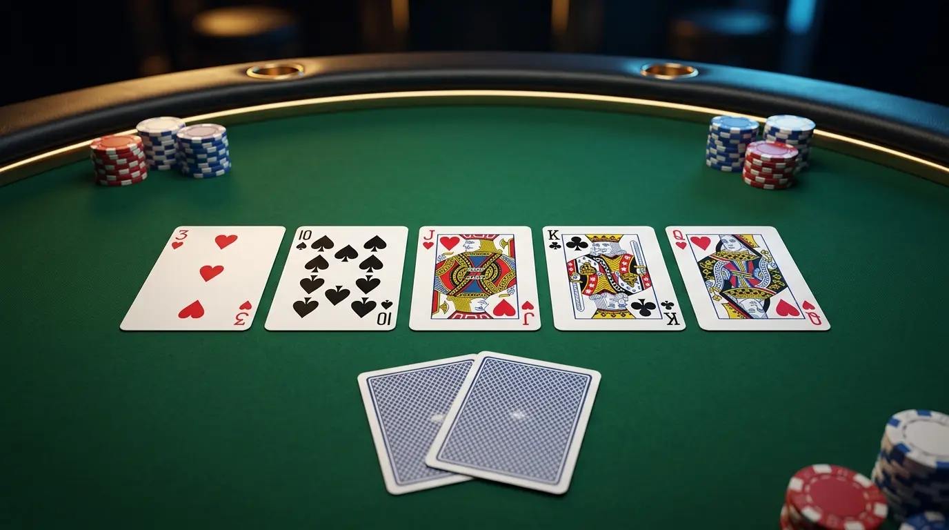 Cartas comunitarias y cartas propias sobre una mesa de póker, con algunas fichas a un lado.