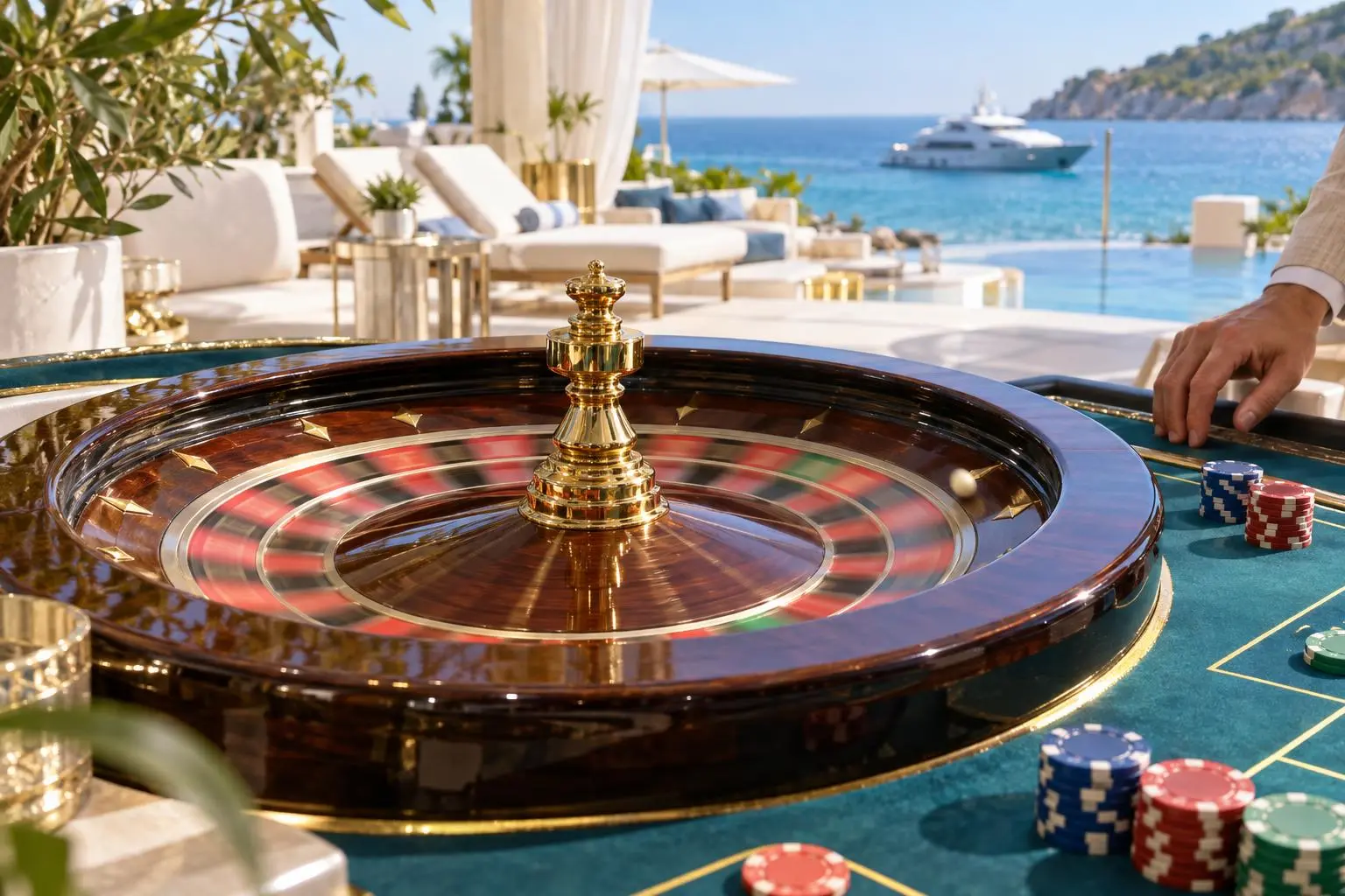 Una bola recorre la ruleta mientras hay fichas sobre el paño.