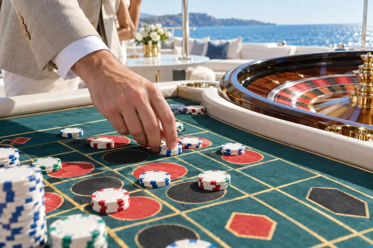 Una mano distribuye fichas lisas sobre varios casilleros de una ruleta.