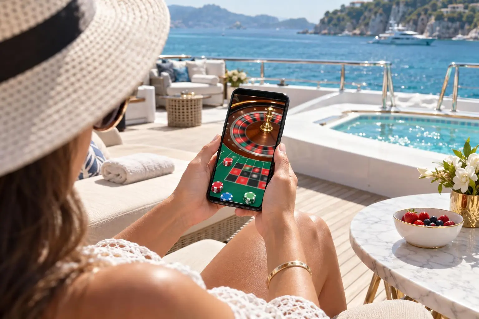 Una persona juega a la ruleta en el teléfono junto a una reposera.