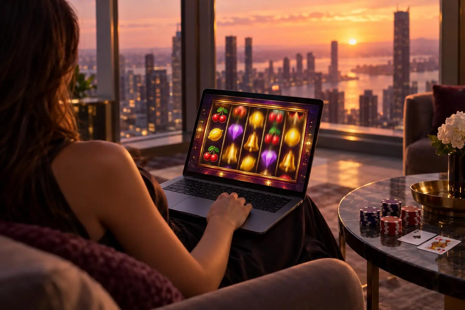 Una persona adulta consulta una tragamonedas en una laptop frente a las ventanas de un penthouse.