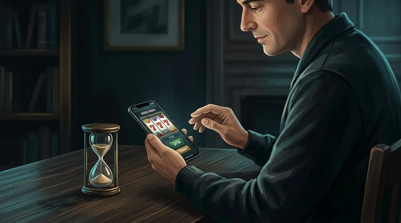 Una persona adulta prueba una tragamonedas en el celular, con un reloj de arena sobre la mesa.