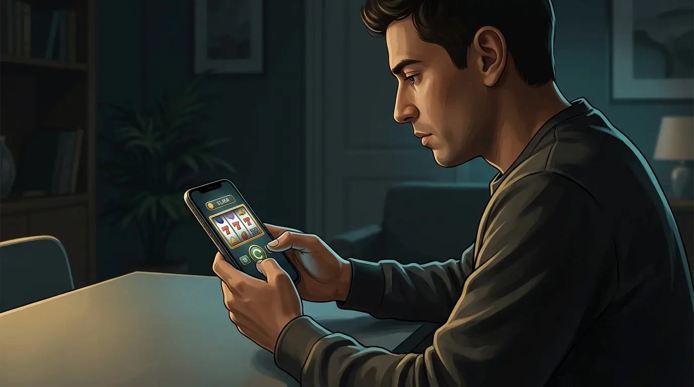 Una persona prueba una tragamonedas en el celular; en la pantalla se ven los rodillos y fichas virtuales.