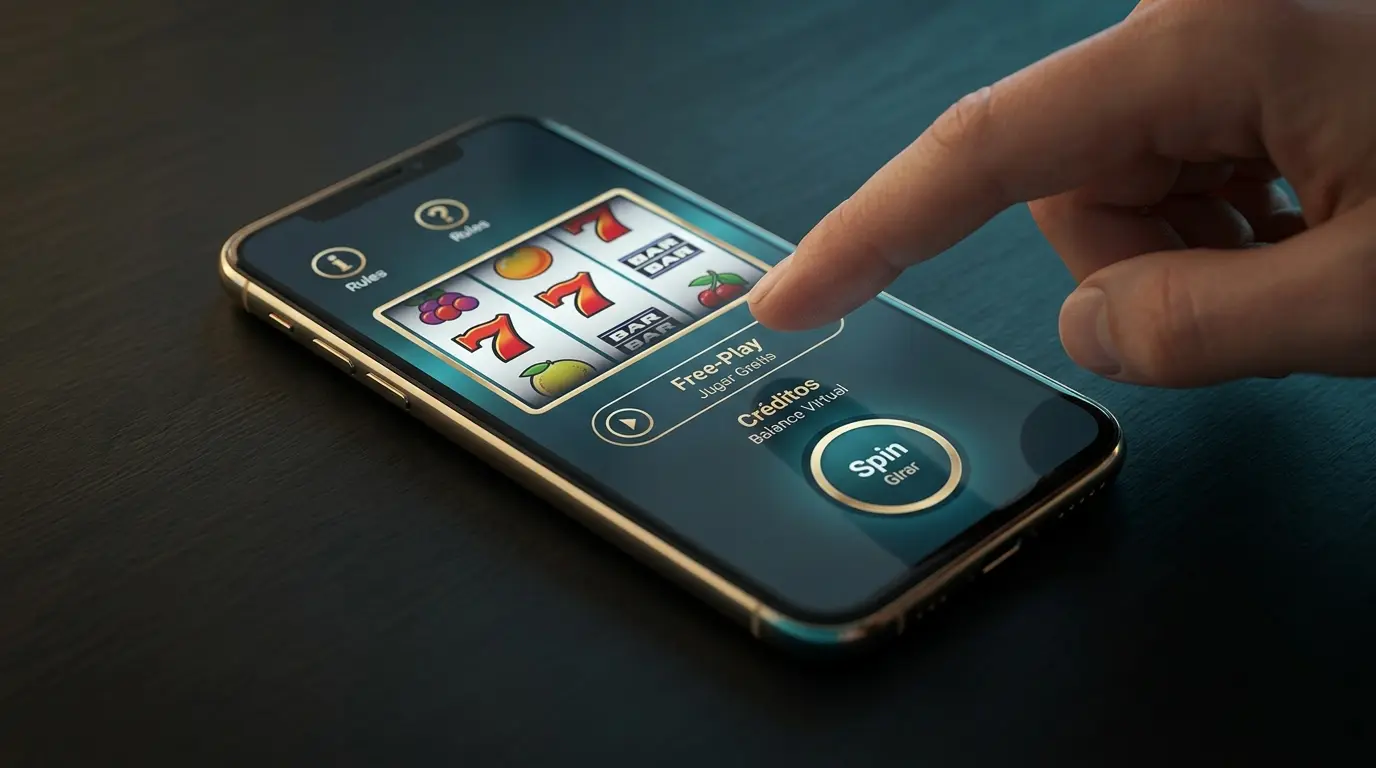 Un celular muestra una tragamonedas con acceso a las reglas, juego gratis, saldo virtual y botón de giro.