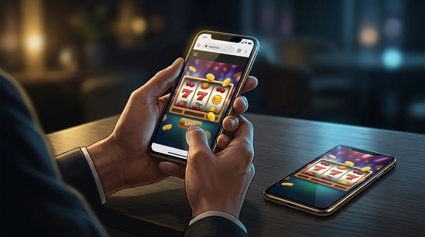 Una persona sostiene un celular con un slot en el navegador; otro celular muestra un slot en una app.