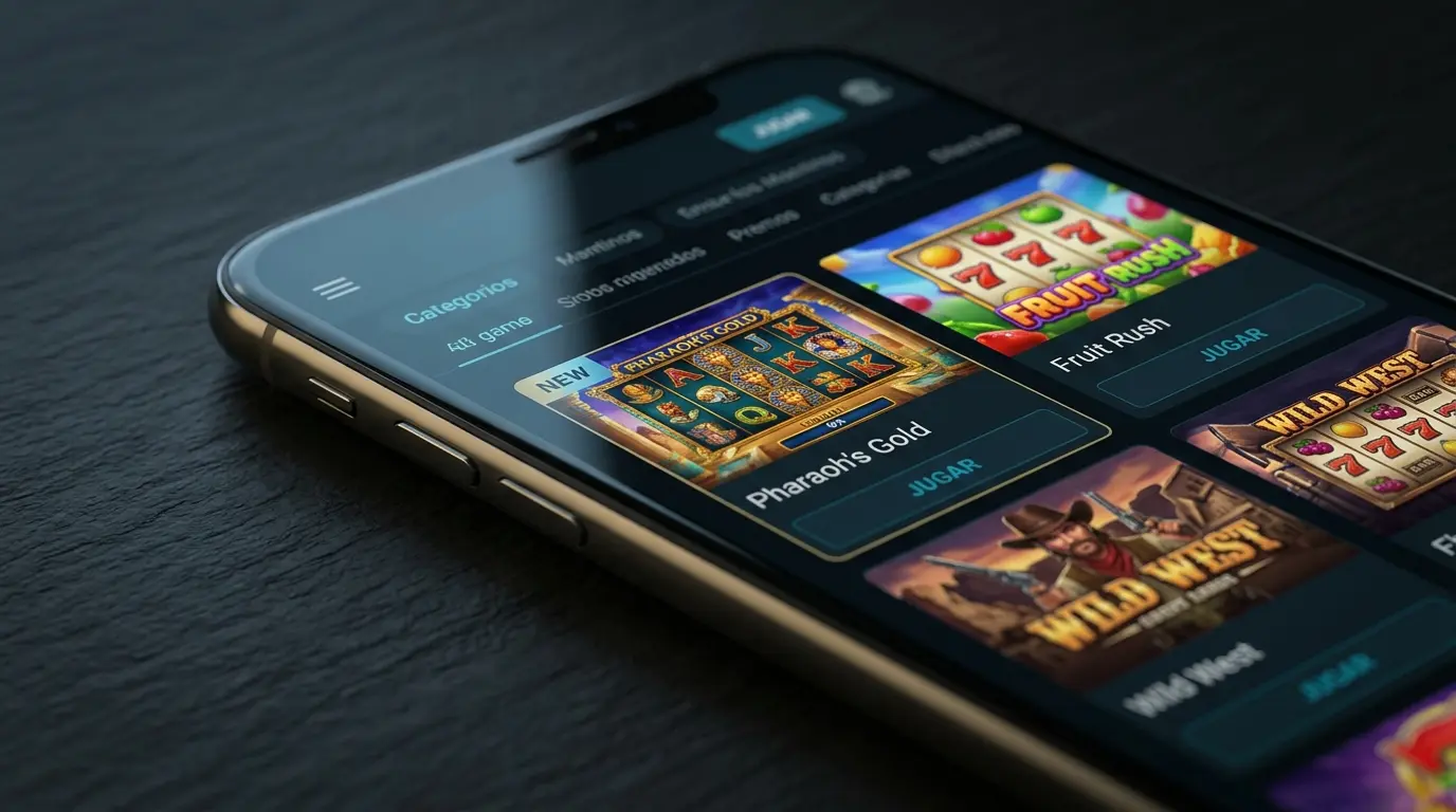 Un celular muestra un catálogo de tragamonedas con una etiqueta de novedad junto a un juego.