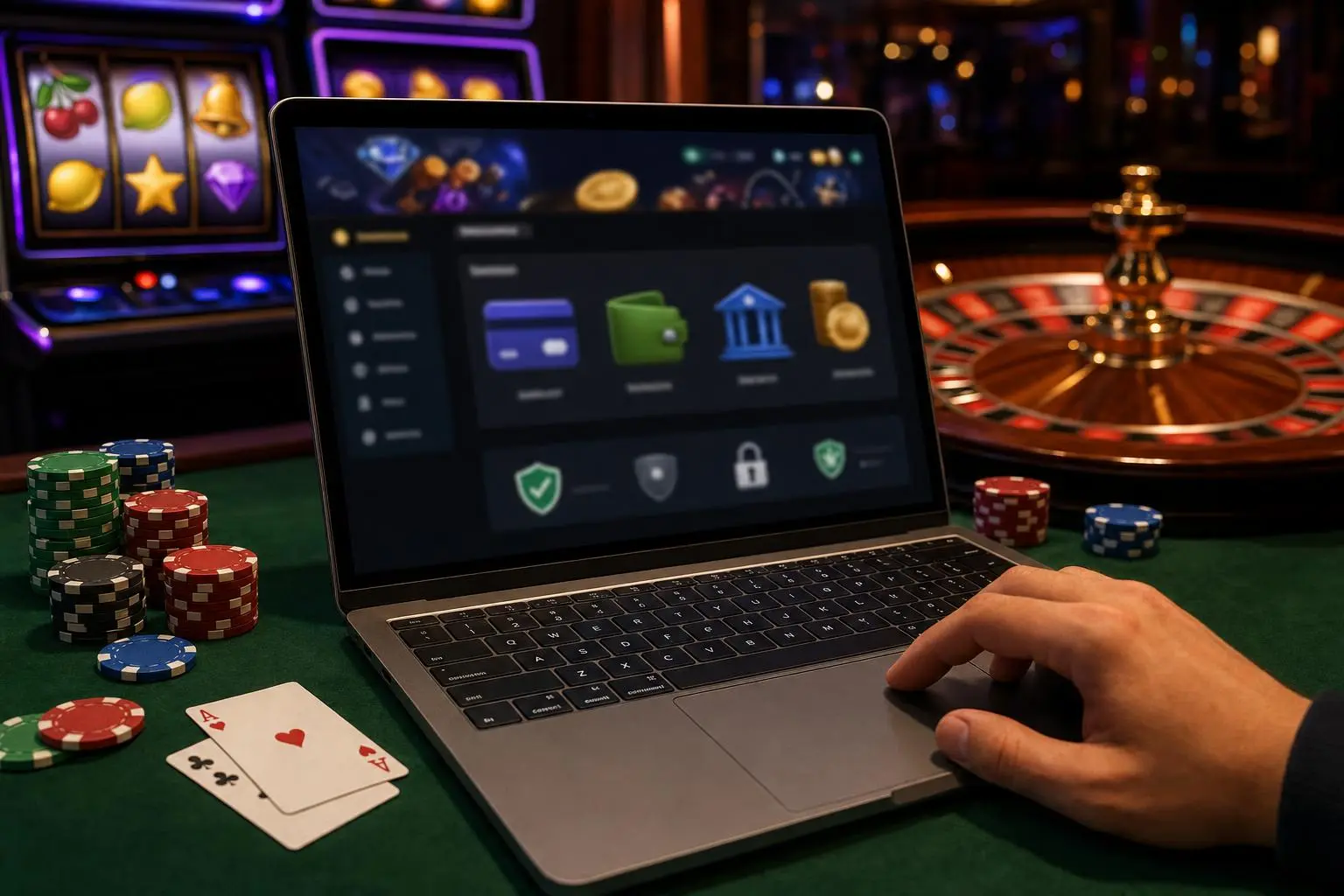 Mano desplazando en la pantalla de una laptop que muestra la sección de retiros del casino.